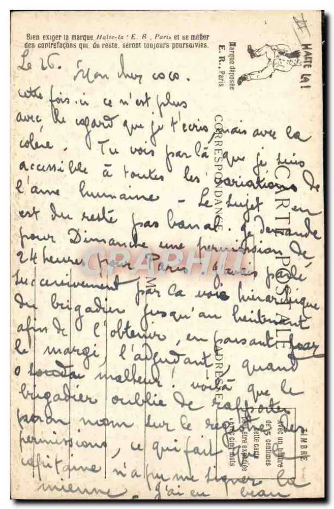 A Vida Militar — À Corvée do Feno — E.R. Paris, Modelo depositado n° 14877 - Verso