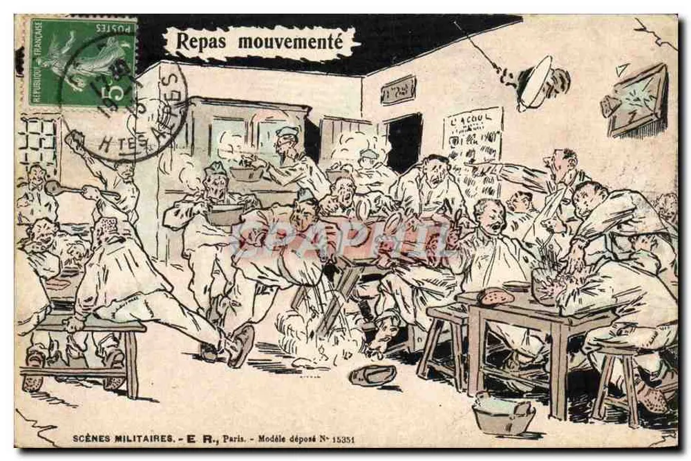 Refeição movimentada — Cenas militares — E.R., Paris, Modelo depositado N° 15351 - Frente