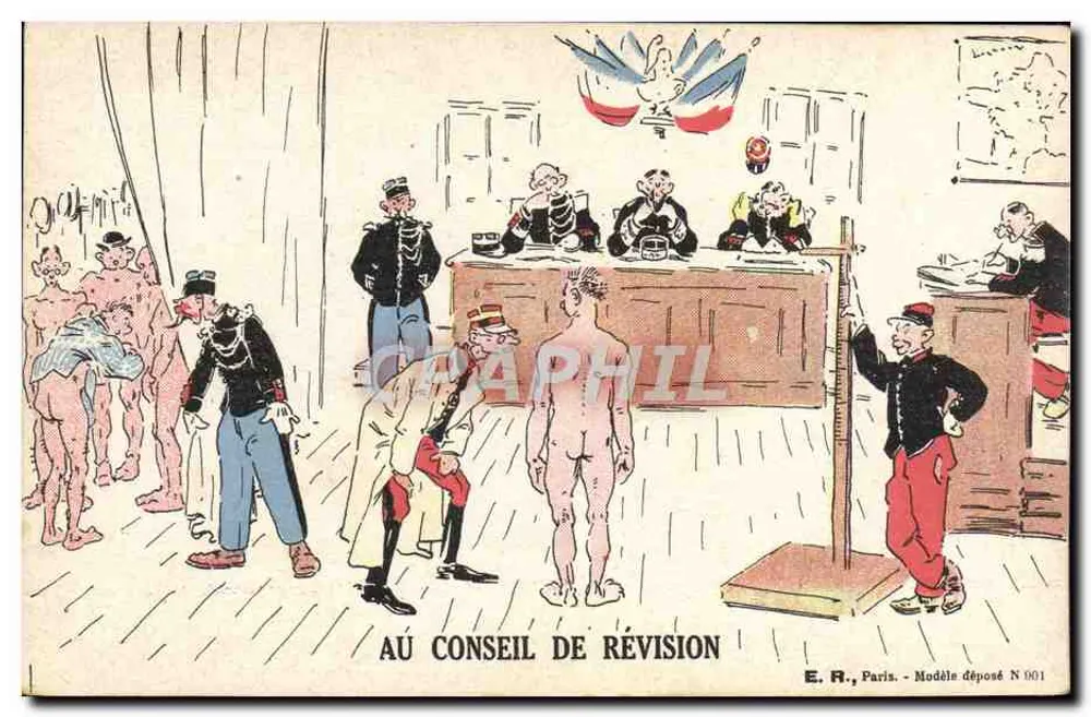 No Conselho de Revisão — caricatura militar — E.R., Paris, Modelo depositado N 901 - Frente