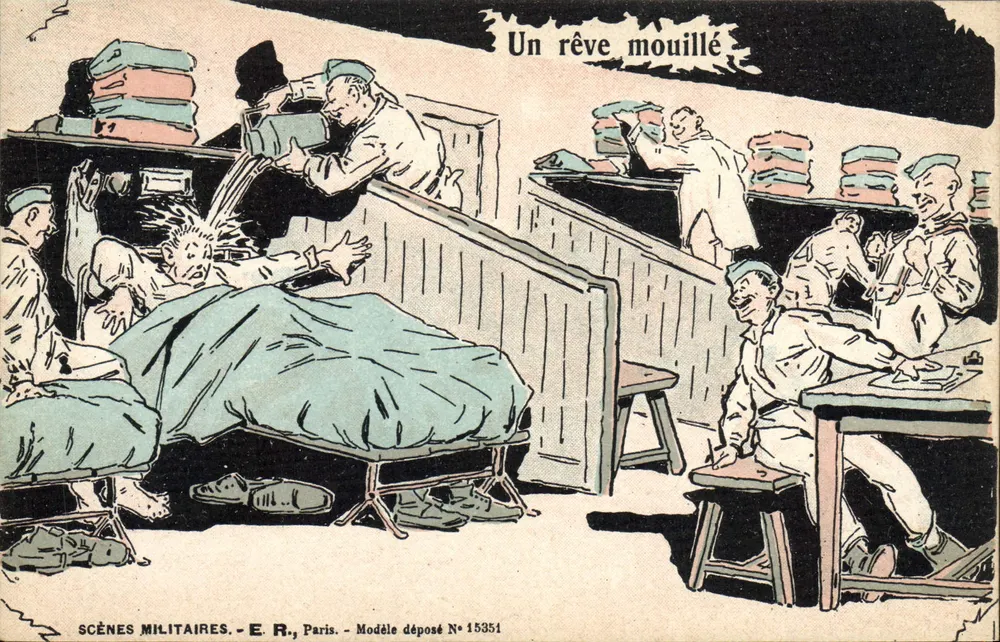 Um sonho molhado — Cenas militares — E.R., Paris, Modelo depositado N° 15351 - Frente