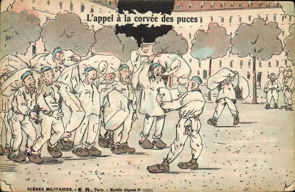O apelo para a tarefa das pulgas — Cenas Militares — E.R., Paris — Modelo depositado N° 15351 - Frente