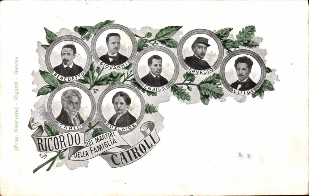 Ricordo dei martiri della famiglia Cairoli — Benedetto, Giovanni, Enrico, Ernesto, Luigi, Carlo, Adelaide — Verleger Rigianti, Genua - Vorderseite
