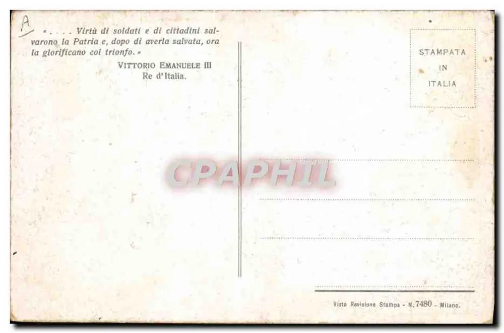 विटोरियो एमानुएल III — इटली के राजा — STAMPATA IN ITALIA N. 7480 - पीछे