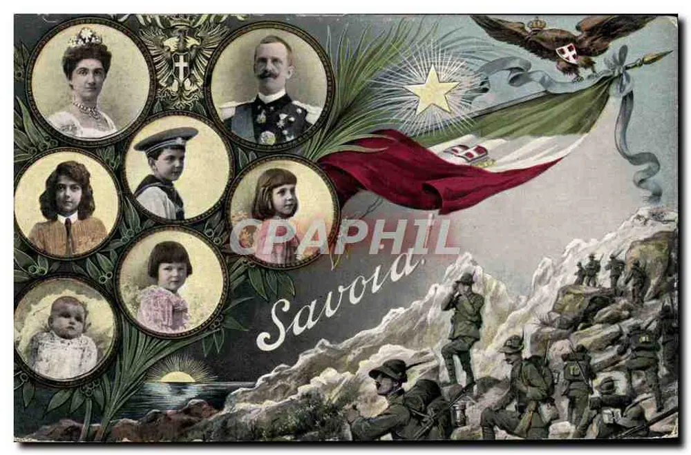 Família real da Saboia — retratos e soldados — editor Savoia - Frente