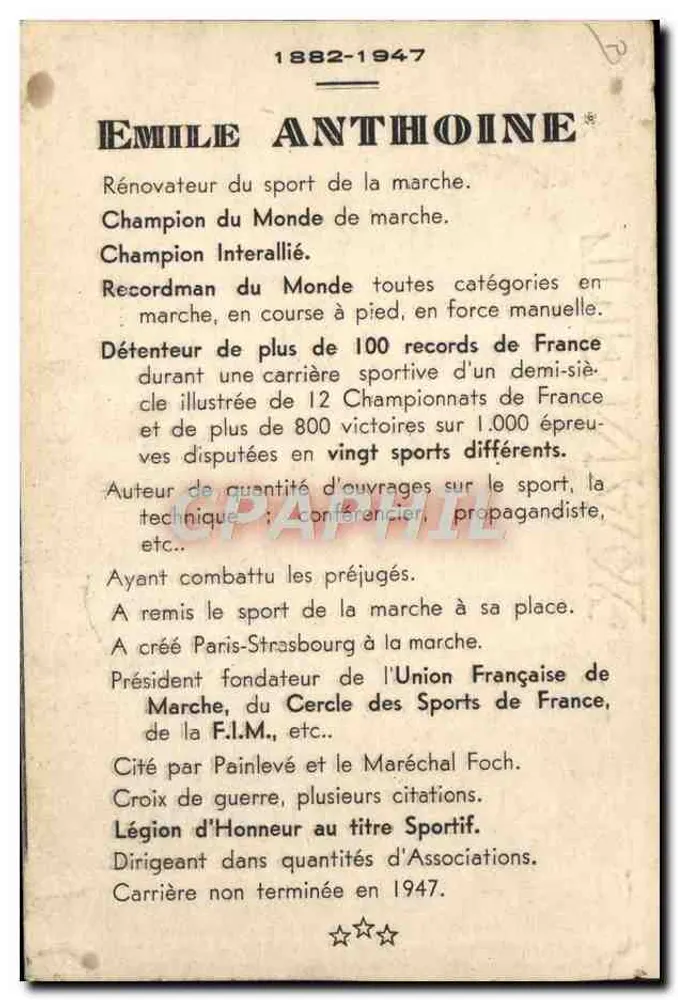 Émile Anthoine — Erneuerer des Sports des Gehens — Verlag: Paris, Seriennummer nicht lesbar - Rückseite
