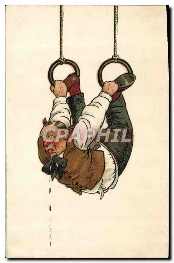 गिम्नास्टिक के लूप पर लटका बच्चा — हास्यात्मक चित्रण — अज्ञात प्रकाशक - आगे