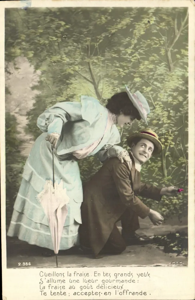 Frau und Mann im Garten — höfliche Szene mit Erdbeere — Verlag CLC, Nr. 2.986 - Vorderseite