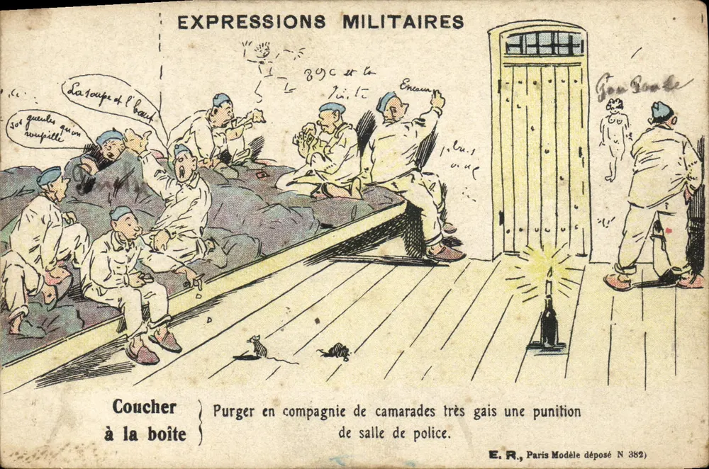 Expressions militaires — Karikatur von Soldaten in Gesellschaft — E.R., Paris, Modell eingetragen N 382 - Vorderseite