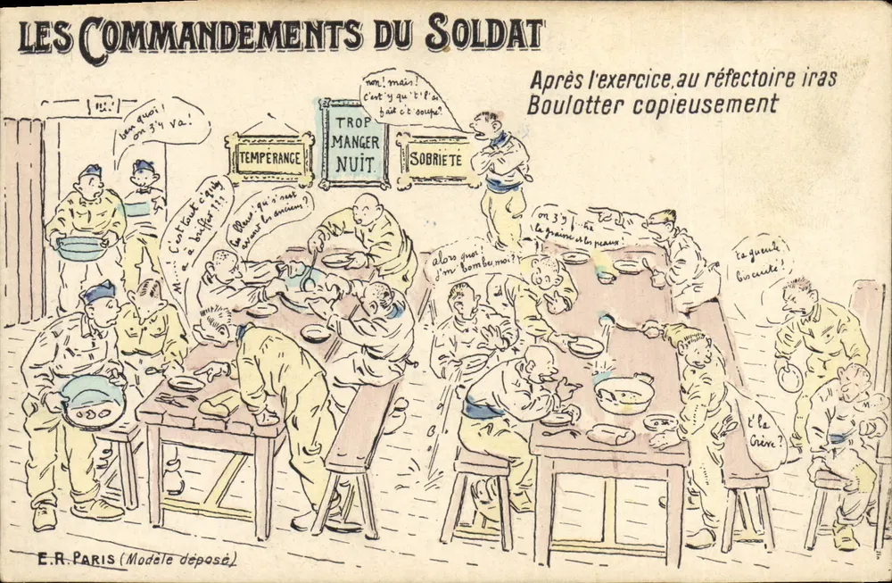 Die Kommandos des Soldaten — Karikatur von Soldaten im Speisesaal — E.R. Paris (Geschütztes Design) - Vorderseite