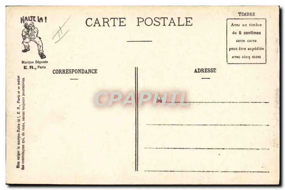 Die Kommandos des Soldaten — Karikatur von Soldaten beim Abreisen — E.R. Paris (Depositiertes Modell) N°730 - Rückseite