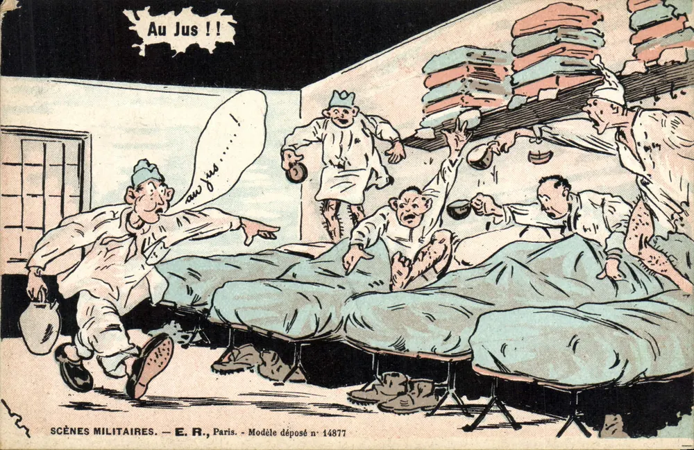 Militärszenen — Au Jus !! — E.R., Paris, registriertes Modell Nr. 14877 - Vorderseite