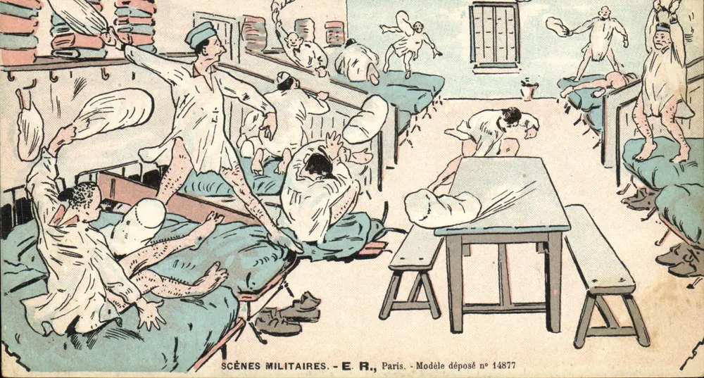 Militärszenen — Gymnastikübung in einem Krankenzimmer — E.R., Paris, Modellnummer 14877 - Vorderseite