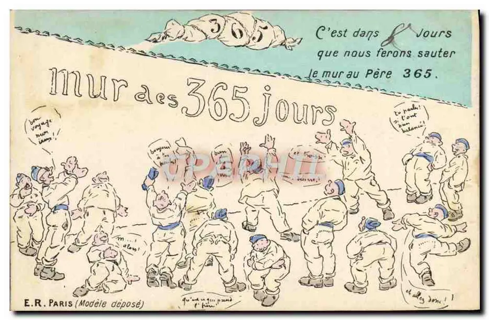 Soldaten vor der Mauer der 365 Tage — humoristische Karikatur — E.R. Paris (Geschütztes Modell) - Vorderseite
