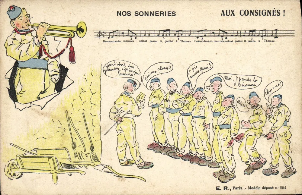 Soldaten in gelben Uniformen — Militärkarikatur — E.R., Paris, Modell angemeldet Nr. 894 - Vorderseite