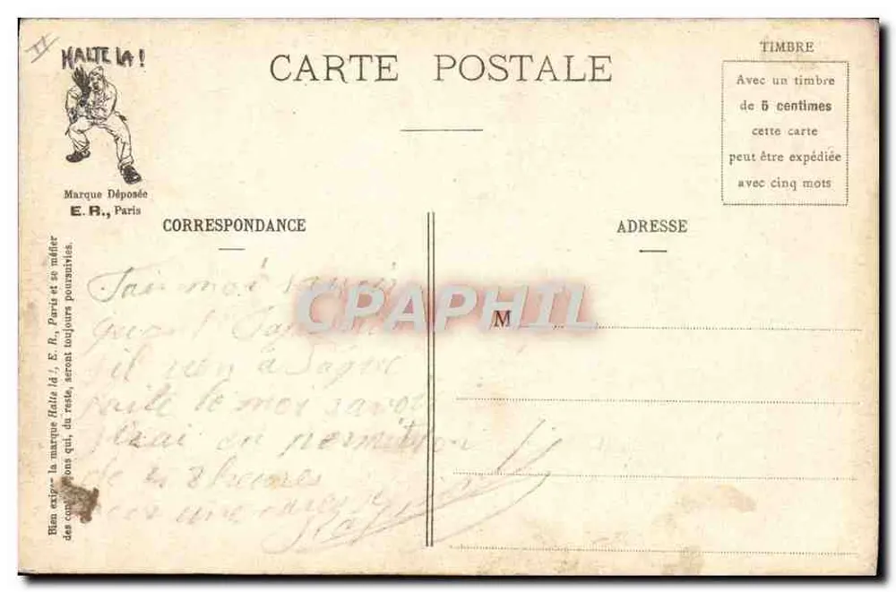Soldaten in gelben Uniformen — Militärkarikatur — E.R., Paris, Modell angemeldet Nr. 894 - Rückseite