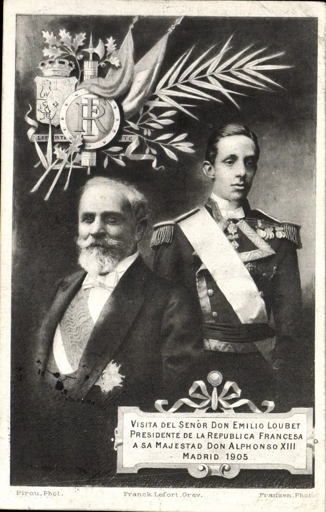 Visite du Sr Don Emilio Loubet, Président de la République française, à Sa Majesté Don Alphonso XIII — Madrid 1905 — Pirou, Phot. / Franck Lefort, Grav. - Recto