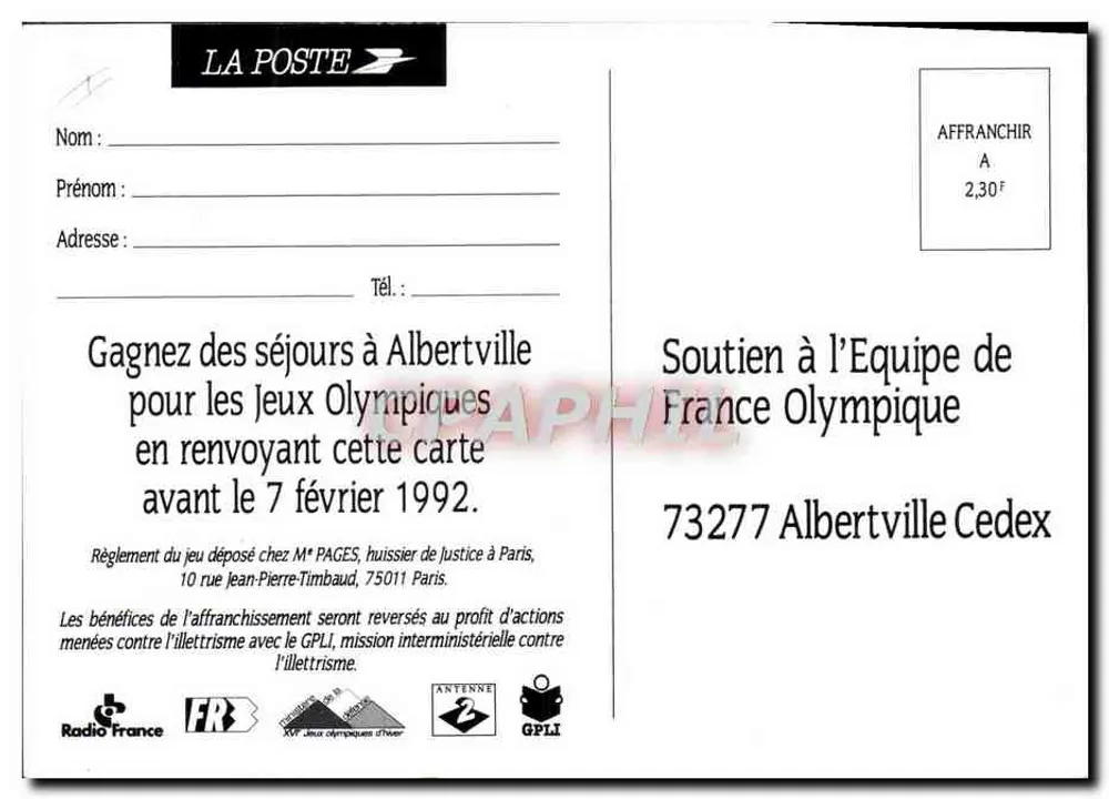 Apoio à Equipe Francesa Olímpica — Albertville 92 — La Poste Organizador Oficial - Verso