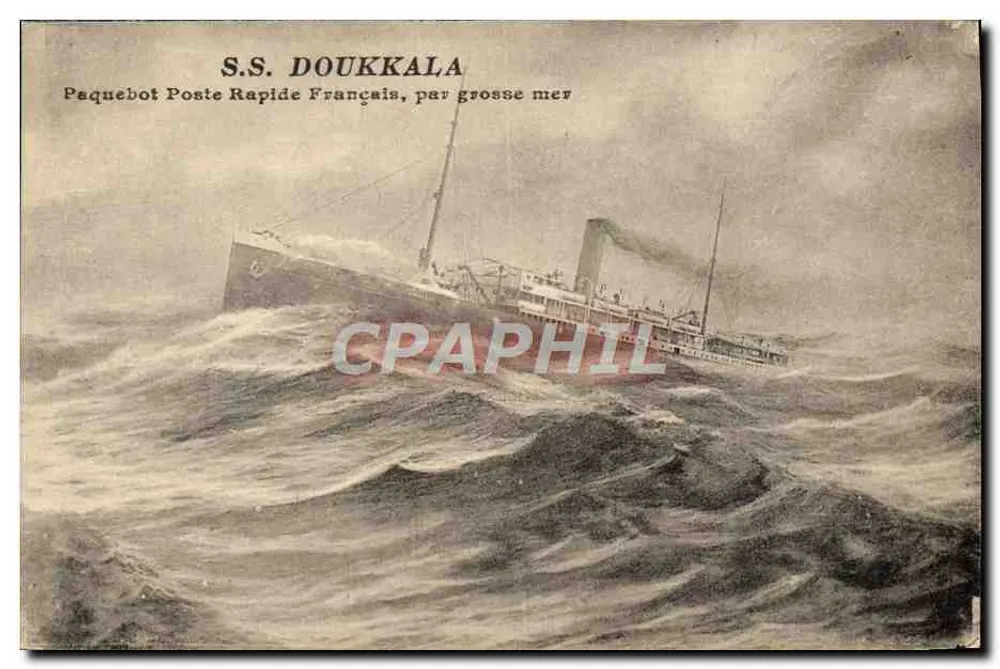 S.S. DOUKKALA — Navio postal rápido francês, em mar agitado — sem editor ou número visível - Frente