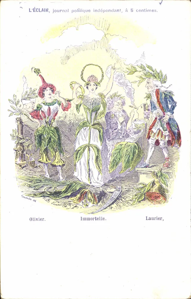 L'ÉCLAIR, unabhängige politische Zeitung, zu 5 Centimes — Illustration dreier symbolischer Figuren (Olivier, Immortelle, Laurier) — Kupferstich von G. Olivier del. - Vorderseite