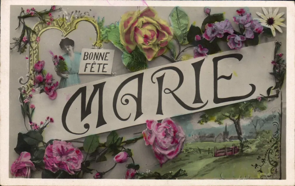 Gute Feier Marie — Dekorierte Karte mit Blumen und einer jungen Frau — unbekannter Verlag - Vorderseite