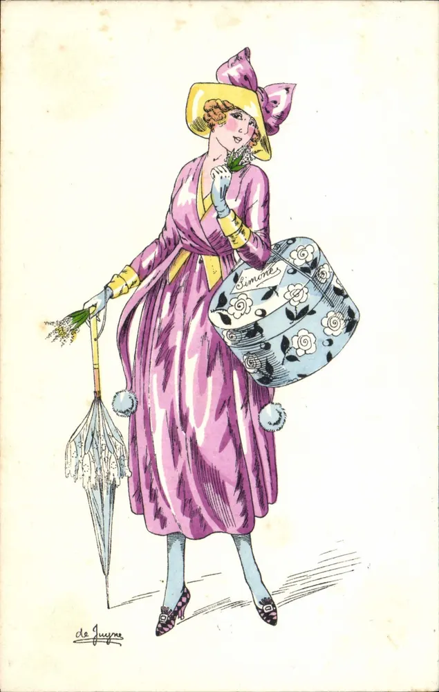 Frau in einem rosa Kleid und gelber Hut — Illustration von de Juyrre — n° A - Vorderseite