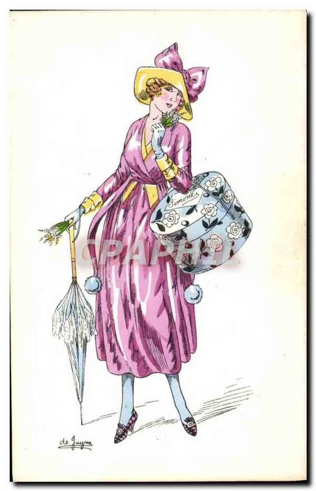 Frau in rosa Kleid und gelber Hut — Illustration von de Juggons — Verlag PICOT, Paris - Vorderseite