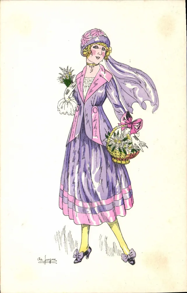 Femme en robe violette et rose — illustration de style Art Déco — signée 'Ae Juynne' - Recto