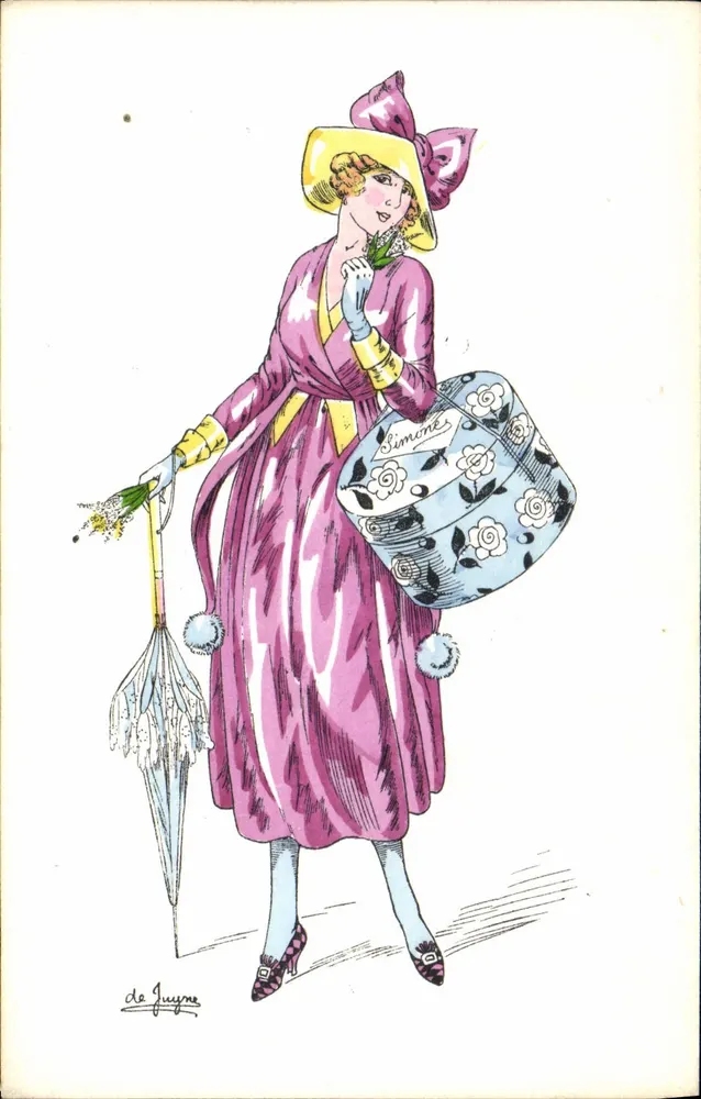 Frau in einem rosa Kleid und gelber Hut — Zeichnung von de Juyne — Verlag PICOT, Paris - Vorderseite