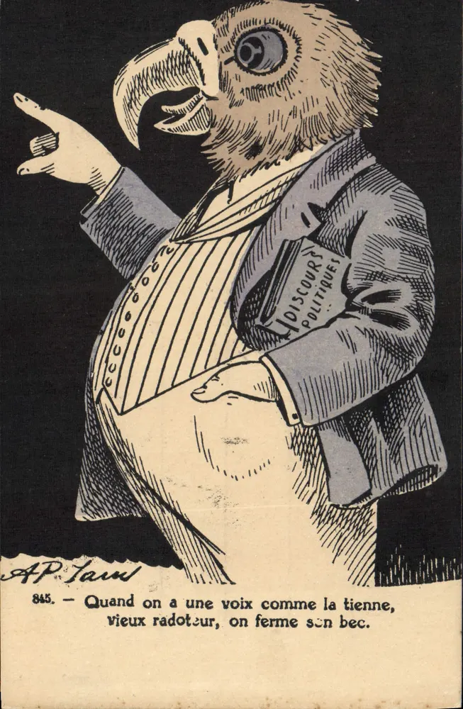 Oiseau en costume — caricature politique — AP Lam, n° 845 - Recto