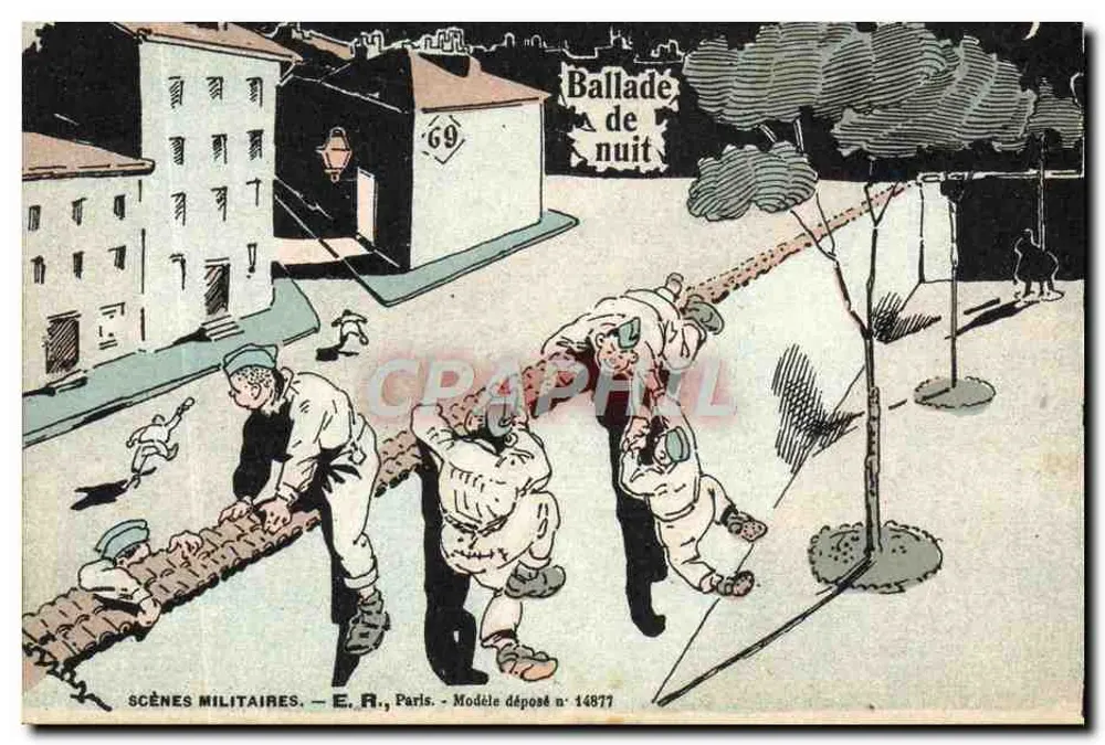 Cenas militares — Balada noturna — E.R., Paris, Modelo depositado n° 14877 - Frente