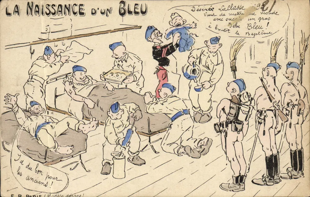 A Nascença de um Bleu — caricatura militar — E. R. Paris (Modèle déposé) - Frente