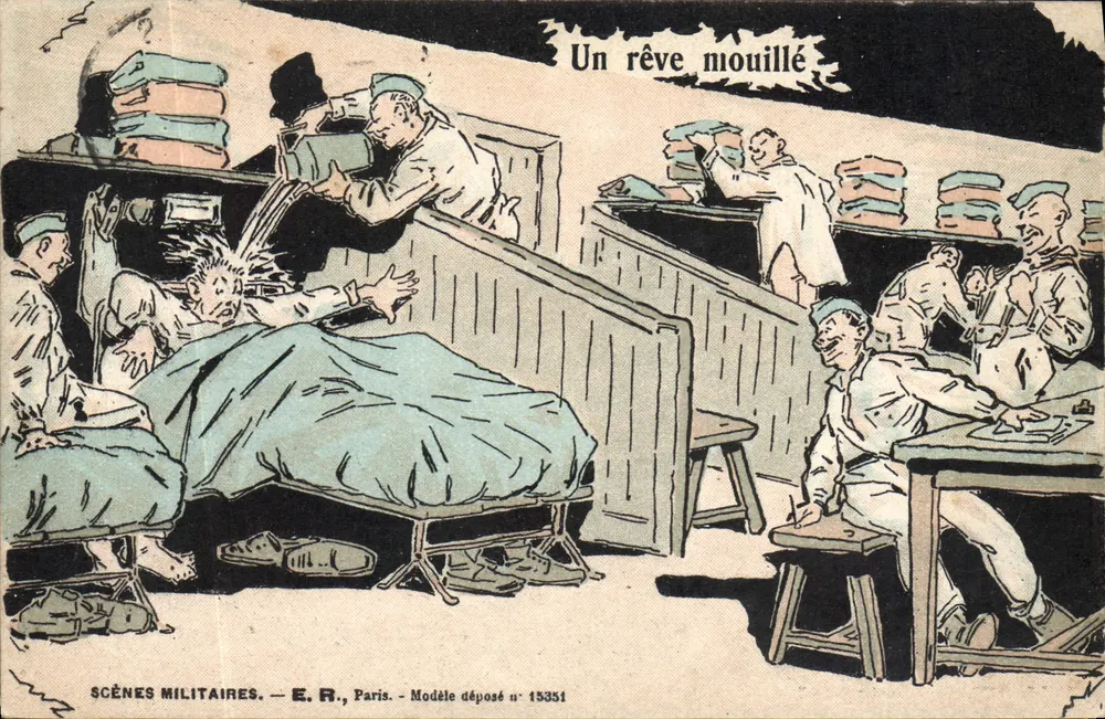 Cenas militares — Um sonho molhado — E. R., Paris, Modelo depositado n° 15331 - Frente