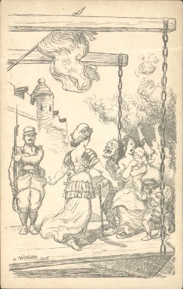 전쟁 장면 — 기둥 위에 머리와 병사 및 민간인 — A. Willette 1915 - 앞면