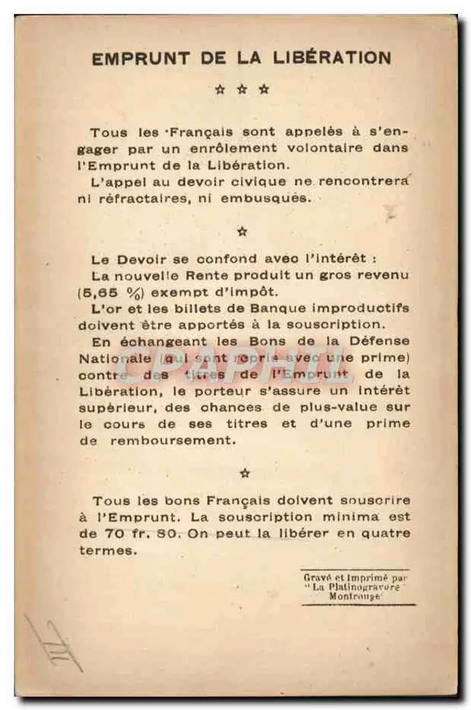 General de Mitry — Armee kommandierend bei der Schlacht an der Marne, 1918 — Emprunt de la Libération - Rückseite