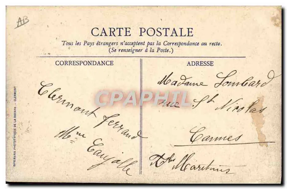 Em Auvergne — Tipos de Camponeses — Impressora Fototipográfica da Mayane, Clermont-Ferrand - Verso