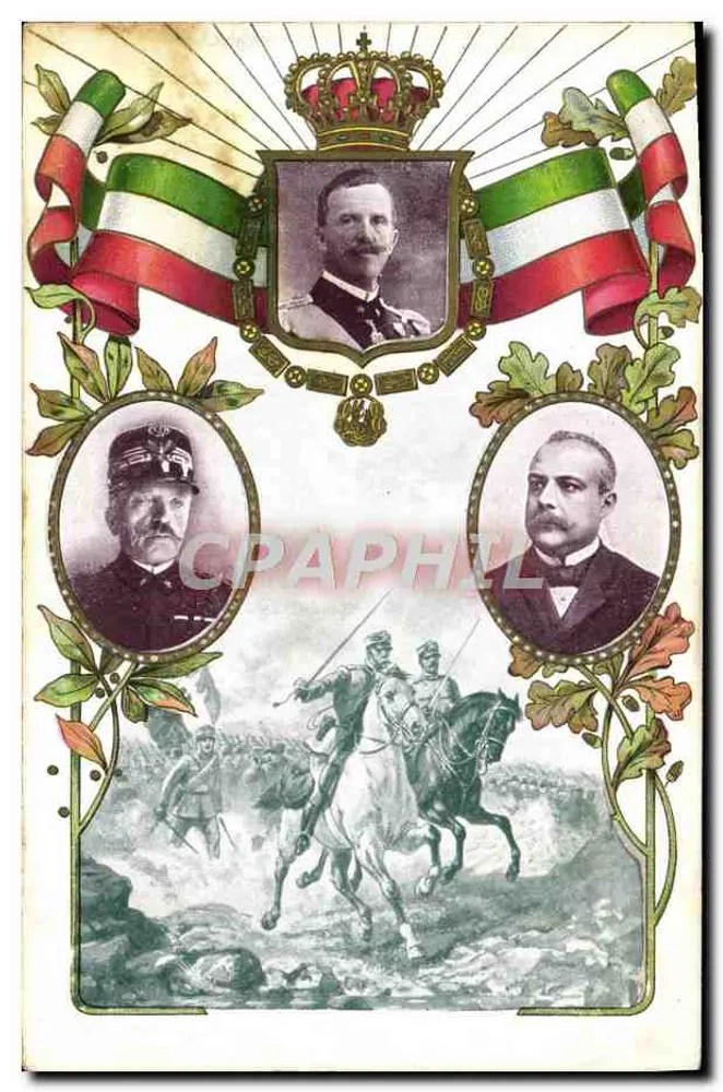 Retrato de rei italiano — coroa e bandeira tricolor — editor desconhecido - Frente
