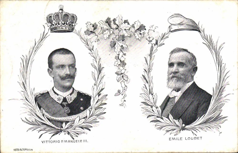 Vittorio Emanuele III e Émile Loubet — comparação entre monarquia e política — editor Alterocca n°4579 - Frente