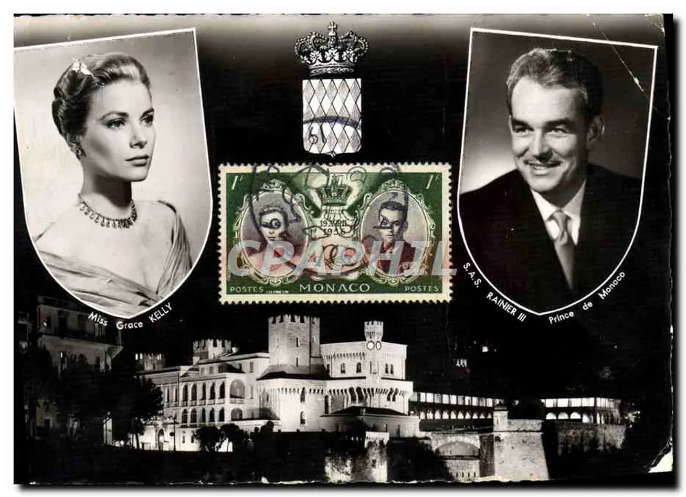 Grace Kelly et le Prince Rainier III — Monaco, avec timbre postal et château en arrière-plan — éditeur S.A.M.D.E.P. (imprimé sur la carte) - Frente