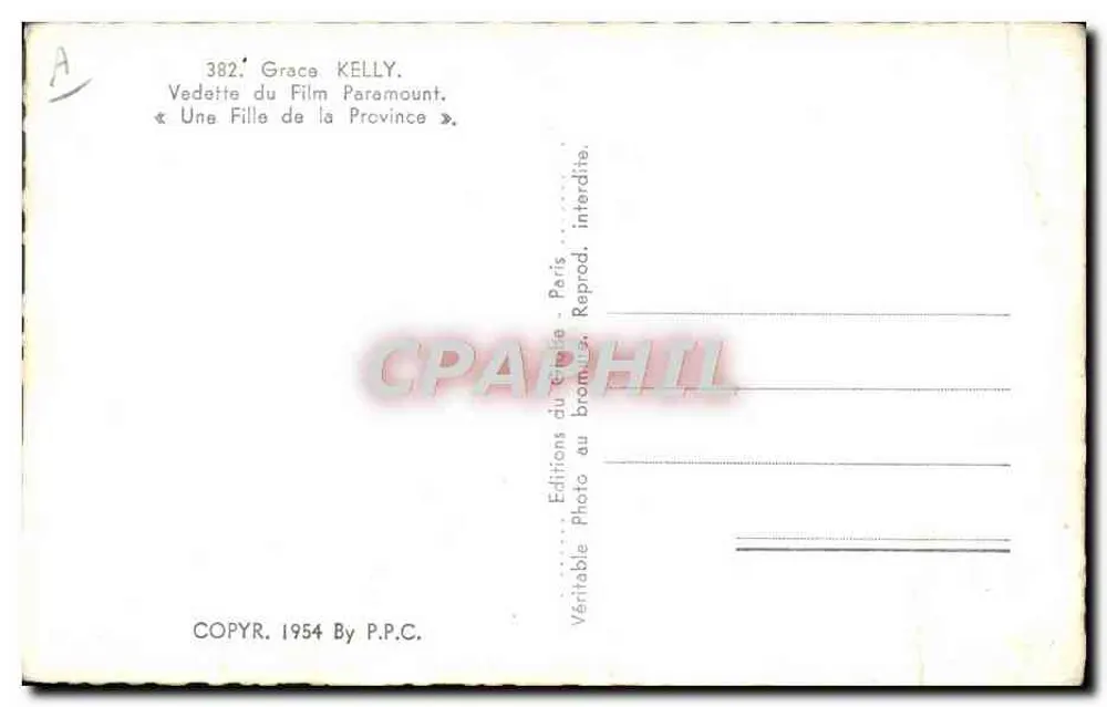 Grace Kelly — Star des Paramount-Films «Eine Frau aus dem Provinz» — Photo Editions au Bromure, Paris - Rückseite