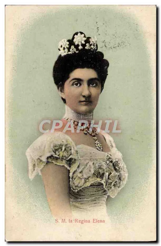 S.M. de Koningin Elena — portret in koninklijk kleding — uitgever Steller & Co. n° 7108 - Voorkant