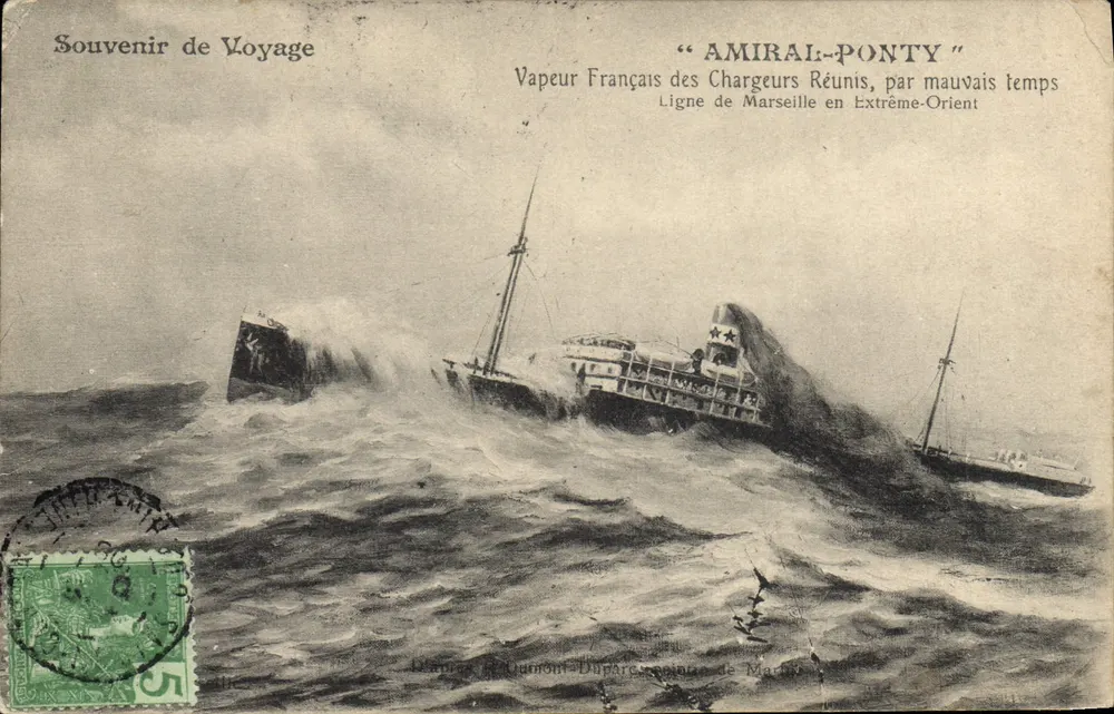Dampfschiff "Amiral-Ponty" — Schiffbruch auf bewegtem Meer — Verlag D'après J. Dumont-Duparc, Gravur von Marseille - Vorderseite