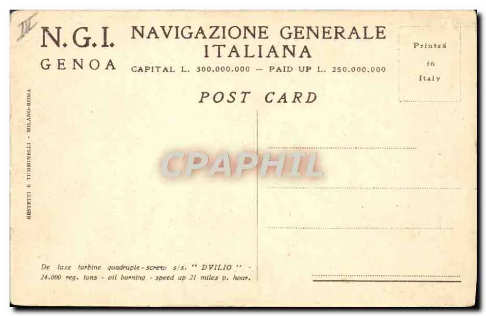 Le paquebot DVILIO — N.G.I. NAVIGAZIONE GENERALE ITALIANA — éditeur N.G.I. GENOA - Verso