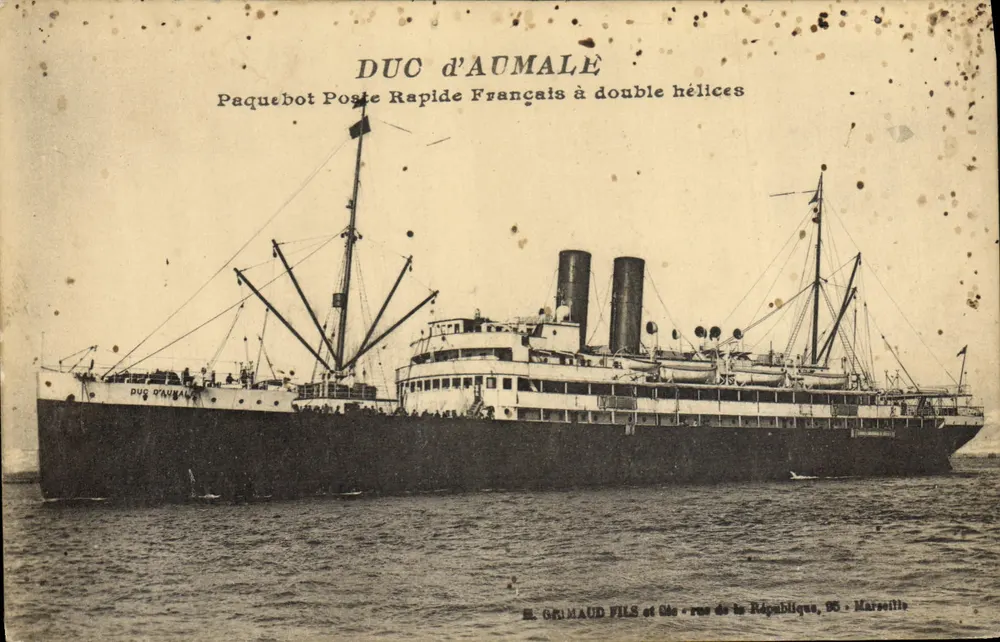 DUQUE DE AUMALÉ — Navio postal rápido francês com dupla hélice — E. GRIMAUD FILS et Cie, rue de la République, 95, Marselha - Frente