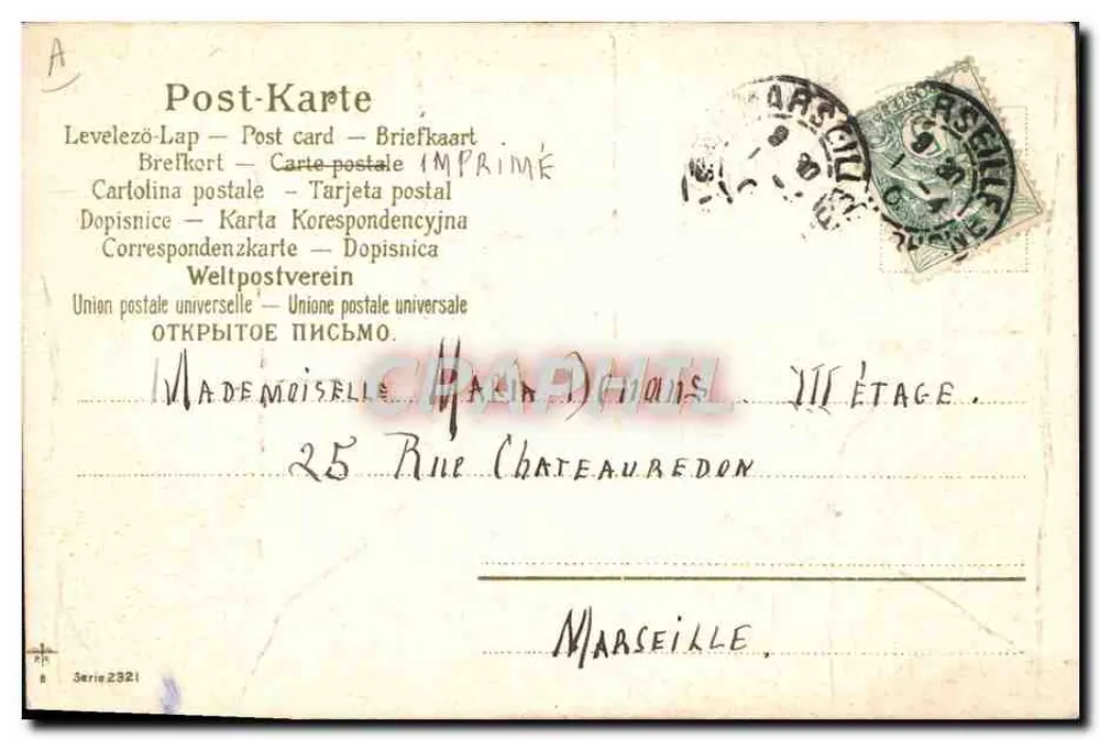 Duas ratas brancas diante de um buraco em uma parede — editor 'Série 2321' — carta postal multilíngue - Verso