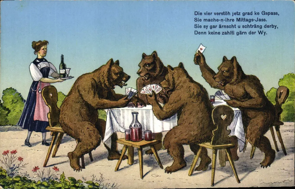 Quatro ursos jogando cartas — cena humorística — Photoglob-Wehrli-Vouga A.G. Zürich, n° J 2304 - Frente