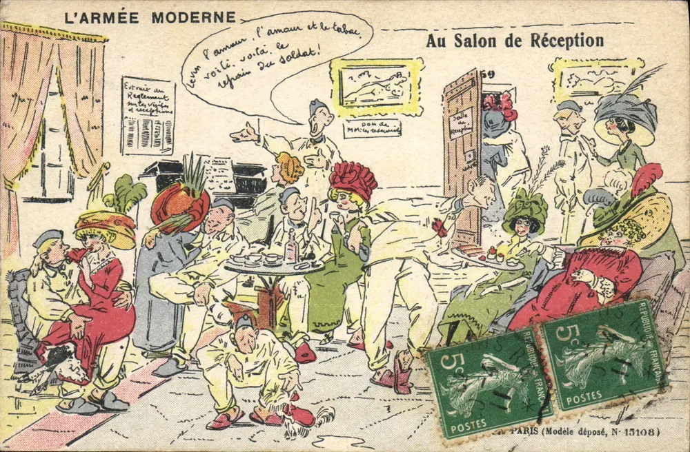 L'ARMÉE MODERNE — O amor e o tabaco — No Salão de Recepção — Editor E.R., Paris, N° 15108 - Frente