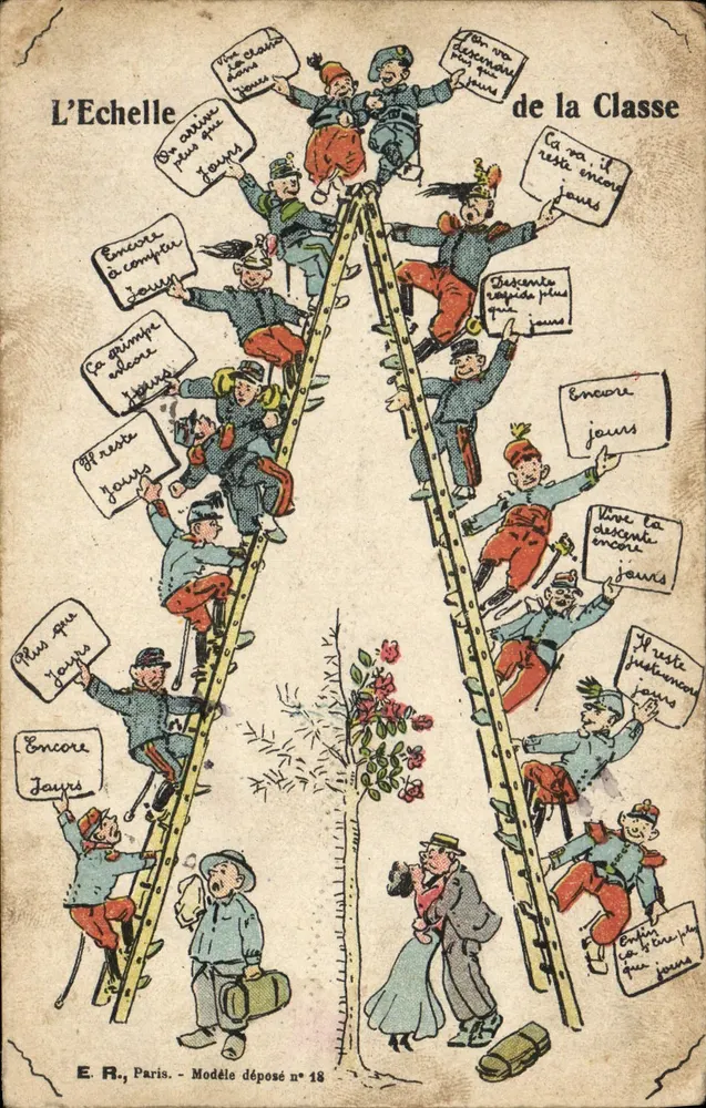 A Escada da Classe — caricatura militar — E.R., Paris, Modelo depositado n°18 - Frente