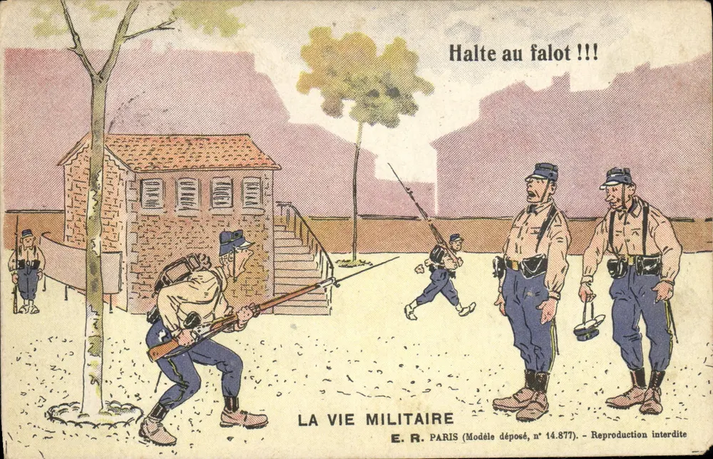 Soldados em cena militar — Halte au falot !!! — E.R. PARIS (Modelo depositado, n° 14.877) - Frente