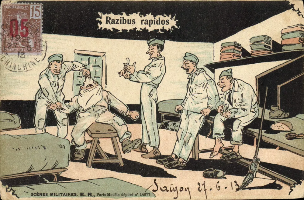 Razibus rapidos — scène de rasage militaire — Scènes Militaires E.R., Paris, modèle n° 14877 - Frente