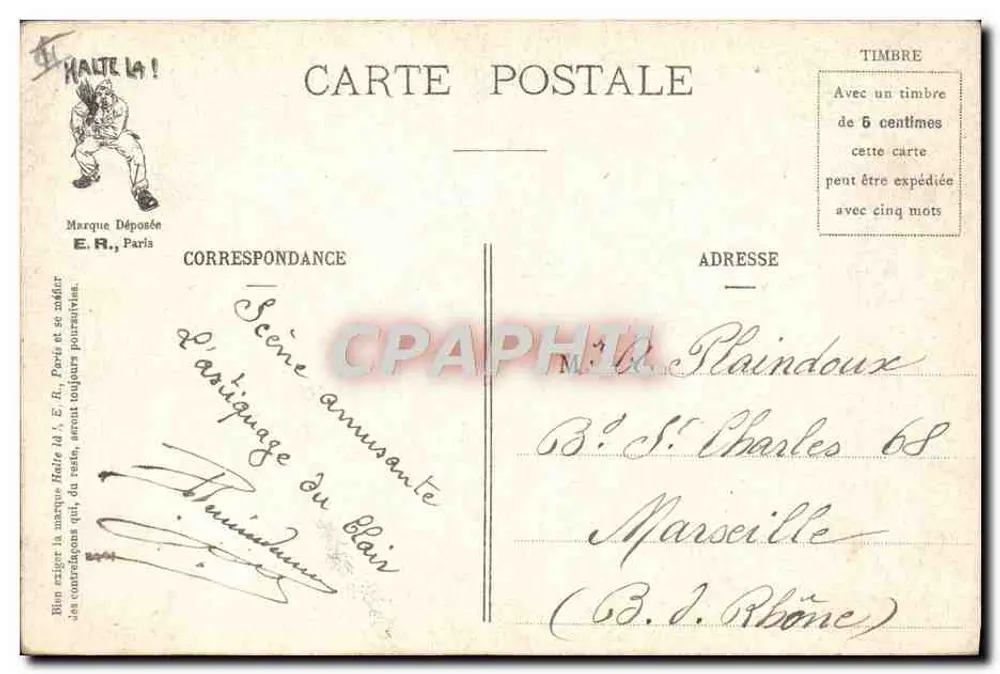 Cenas militares — Uma boa brincadeira — E.R., Paris, Modelo depositado n° 15351 - Verso